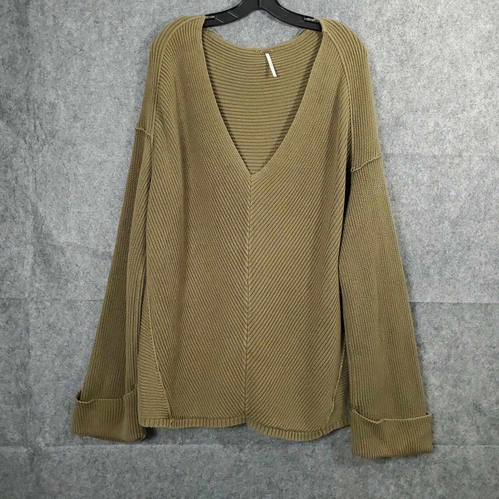 Free People La Brea V Neck Sweater Womens Large Slate Relaxed Oversized Ribbed